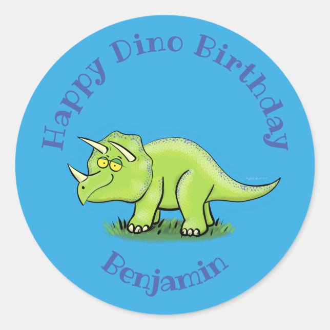 Triceratops Happy Dinosaurier Cartoon Runder Aufkleber (Vorderseite)