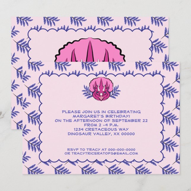 Triceratops Hübsch Pink Dinosaurier Girl Geburtsta Einladung (Vorne/Hinten)