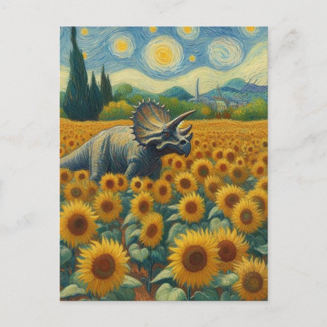 Triceratops im Sonnenblumenfeld Van Gogh Postkarte (Vorderseite)