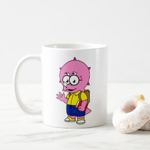 Triceratops Nerd mit Rucksack und Textbuch. Kaffeetasse