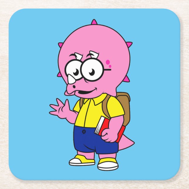 Triceratops Nerd mit Rucksack und Textbuch. Rechteckiger Pappuntersetzer (Vorderseite)