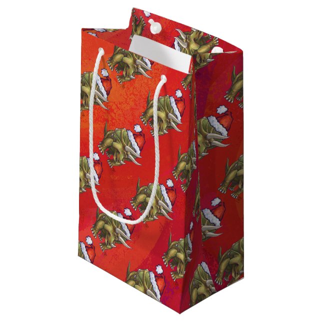 Triceratops-Weihnachten auf Rot Kleine Geschenktüte (Vorderseite Schrägansicht)