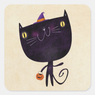 Trick oder behandeln Black Cat Niedlichen Hallowee Quadratischer Aufkleber