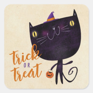 Trick oder behandeln Black Cat Niedlichen Hallowee Quadratischer Aufkleber
