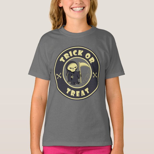 Trick oder behandeln Grim Sensenmann Starbucks Log T-Shirt (Vorderseite)