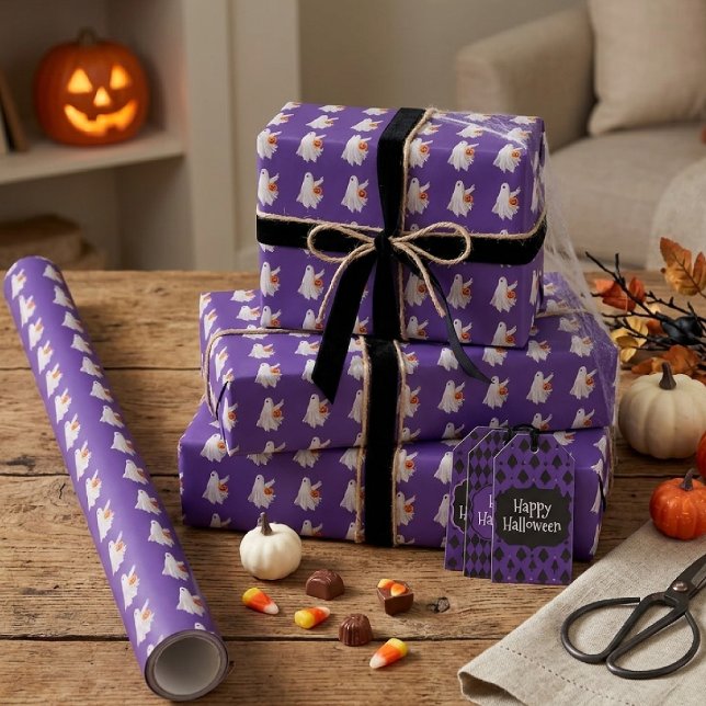 Trick oder Behandlung von Geist mit Kürbiskandy Ei Geschenkpapier (Von Creator hochgeladen)