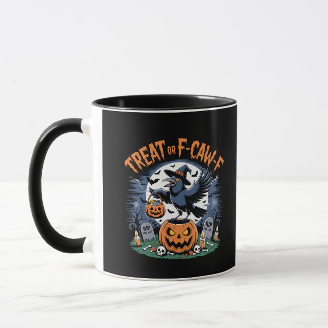Trick oder F-Caw-f Funny Crow Halloween Spooky Tasse (Links)