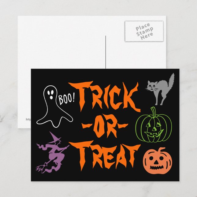 Trick-oder-Leckerei Halloween Pumpkin Ghost Hexe Postkarte (Vorne/Hinten)