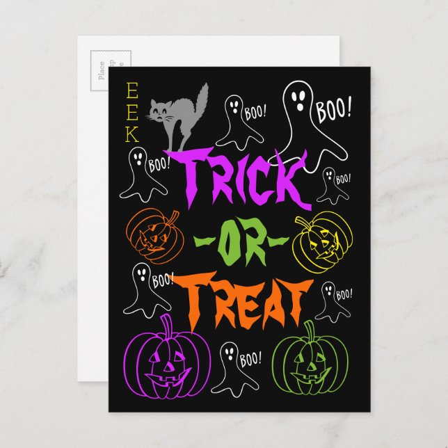 Trick-oder-Leckerei Halloween Thema Pumpkin Ghost  Postkarte (Vorne/Hinten)