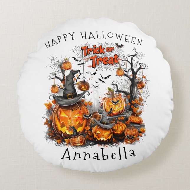 Trick oder Leckereien Ich Halloween Pumpkin Rundes Kissen (Vorderseite)