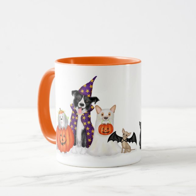 Trick oder Lust? Hunde in Halloween-Kostümen Tasse (Vorderseite Links)