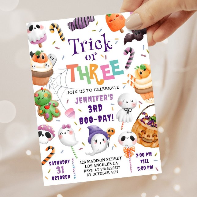 Trick oder Three! Niedliches Lila Halloween 3. Geb Einladung (Von Creator hochgeladen)