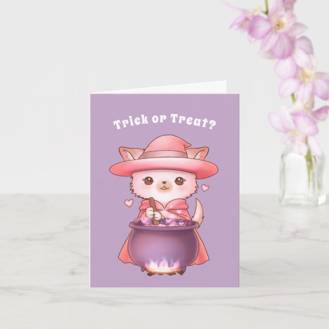 Trick oder Treat Adorable Halloween Pomchi Hexe Karte (Orchidee)