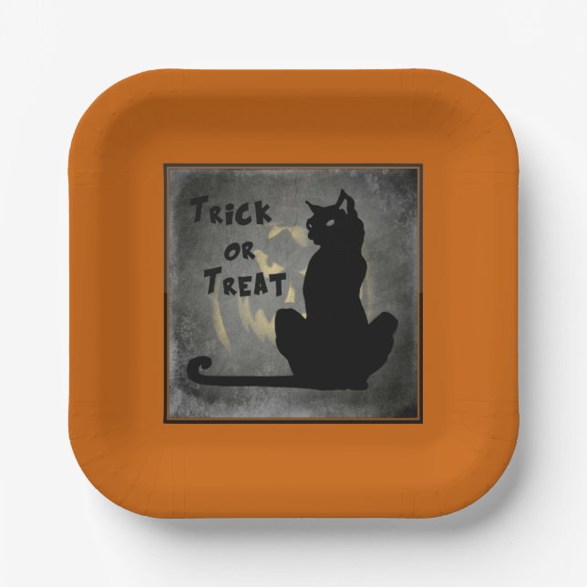 Trick oder Treat Black Cat Halloween Papierplatte Pappteller (Vorderseite)