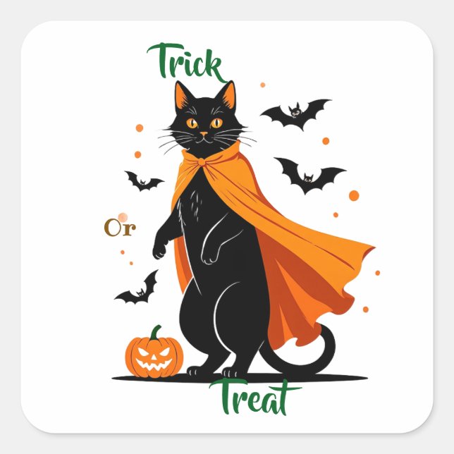 Trick oder Treat Black Cat Quadratischer Aufkleber (Vorderseite)