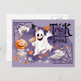 Trick oder Treat. Fun Ghost, Pumpkin Girl Hallowee Postkarte