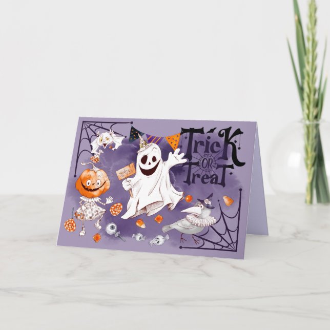 Trick oder Treat. Fun Ghost, Pumpkin Girl, Raven Karte (Vorderseite)