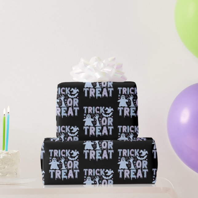 Trick oder Treat Ghosts Niedliches Schwarzes Hallo Geschenkpapier (Partygeschenke)