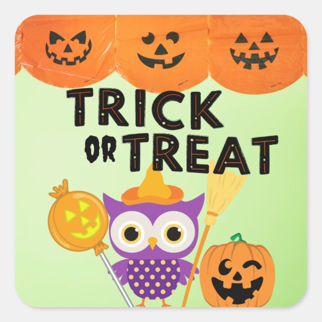 Trick oder Treat, Halloween-Eule, Funny Halloween Quadratischer Aufkleber (Vorderseite)