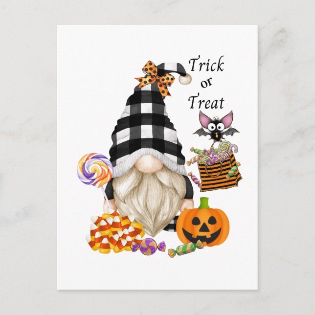 Trick oder Treat Halloween Gnome Postkarte (Vorderseite)