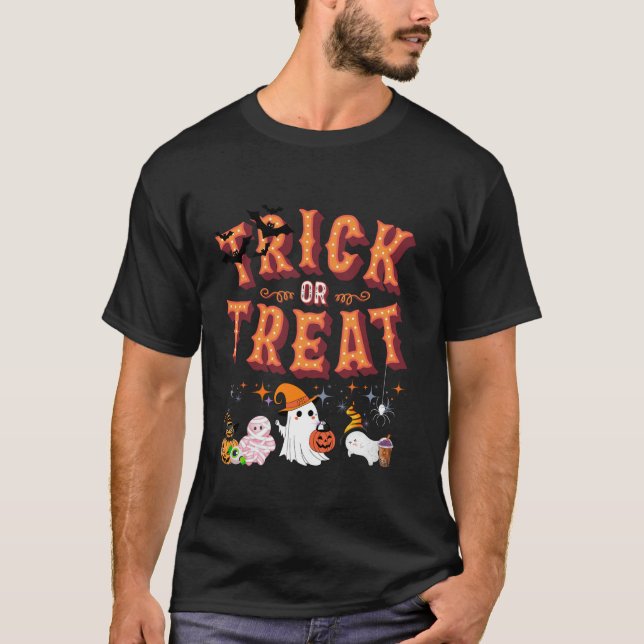 Trick oder Treat Halloween Grafik mit Ghosts Pumpk T-Shirt (Vorderseite)