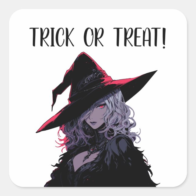 Trick oder Treat Halloween Hexe in einem schwarzen Quadratischer Aufkleber (Vorderseite)