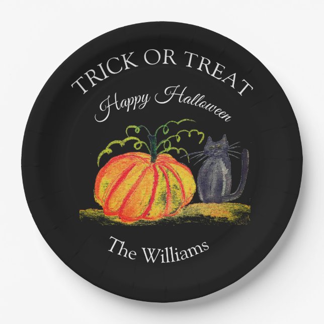 Trick oder Treat Halloween Pumpkin Cat Niedlich Pappteller (Vorderseite)