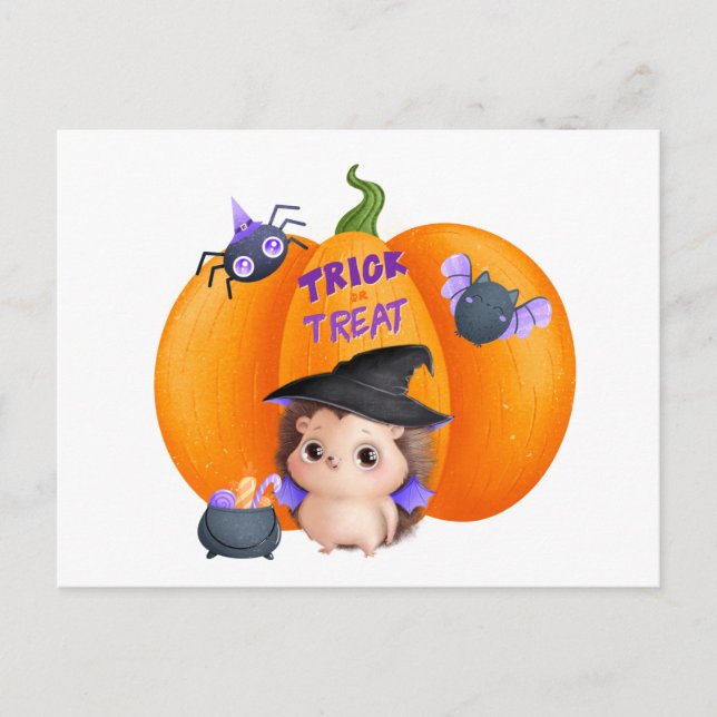 Trick oder Treat Halloween Pumpkin und Igel Postkarte (Vorderseite)