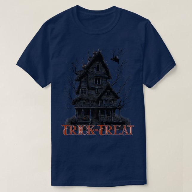 Trick oder Treat Large Creepy House Fledermäuse un T-Shirt (Design vorne)
