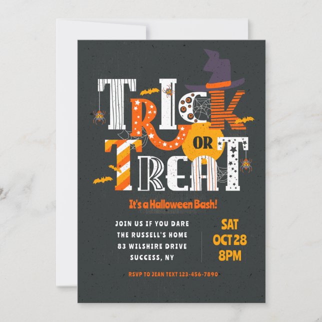 Trick oder Treat Lettering Halloween Einladung (Vorderseite)