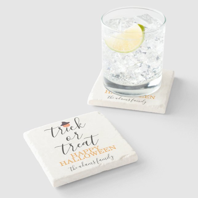 Trick oder Treat Moderne Drehskripte Halloween Steinuntersetzer (Seitenansicht)