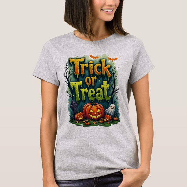 Trick oder Treat Moderne Skripte Womens Halloween T-Shirt (Vorderseite)