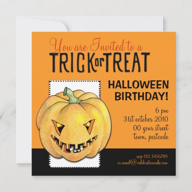 Trick oder Treat Pumpkin Halloween Geburtstag Einladung (Vorderseite)