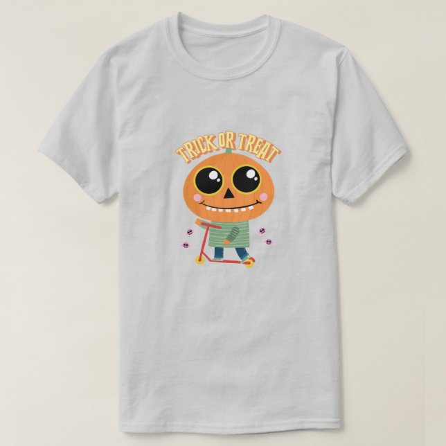 Trick oder Treat Pumpkin Kopf Kind auf Roller T-Shirt (Design vorne)
