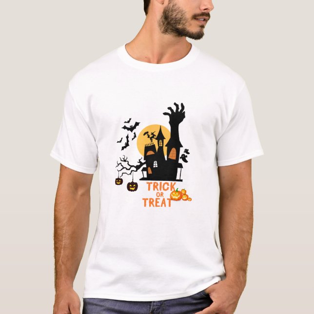 Trick oder Treat Spuk House & Zombie Halloween T-Shirt (Vorderseite)