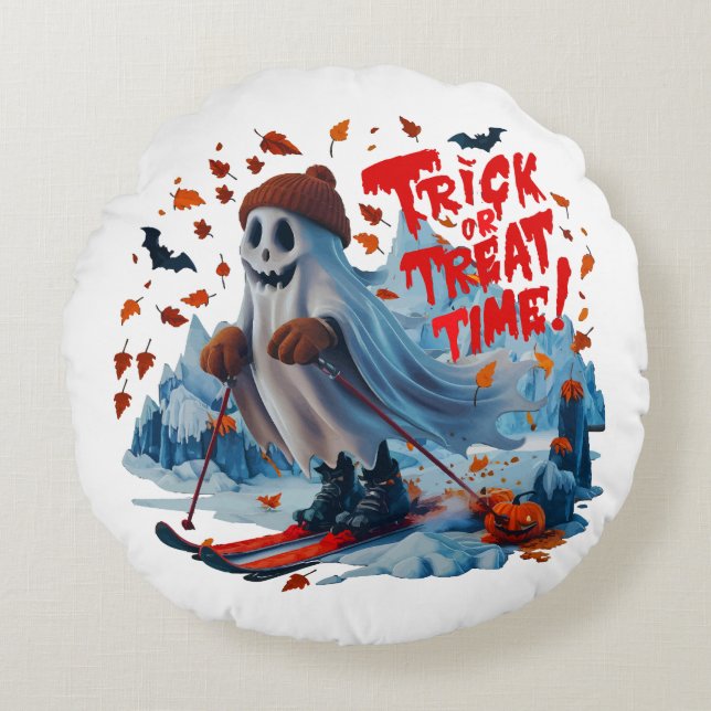 Trick oder Treat Time: Ghost Ski Fun Design Rundes Kissen (Vorderseite)