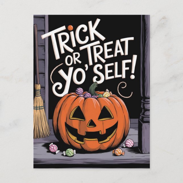 Trick oder Treat Yo'Self Funny Pumpkin Halloween Postkarte (Vorderseite)