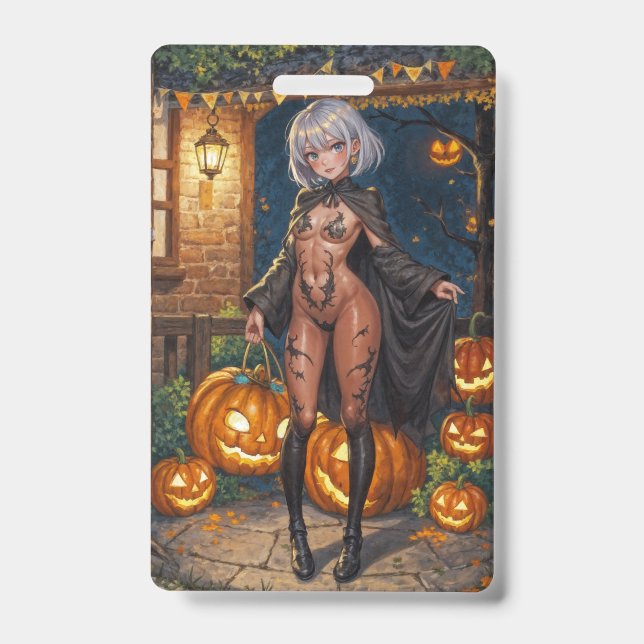 Trick oder Treater, mutiges Halloween-Kostümmädche Ausweis (Vorderseite)