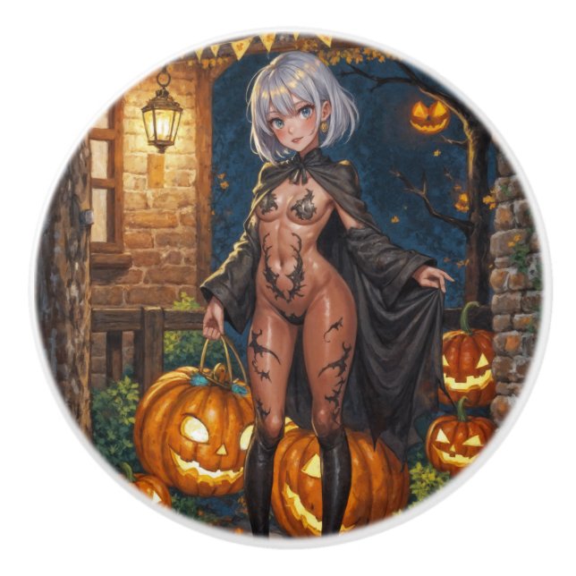 Trick oder Treater, mutiges Halloween-Kostümmädche Keramikknauf (Vorderseite)