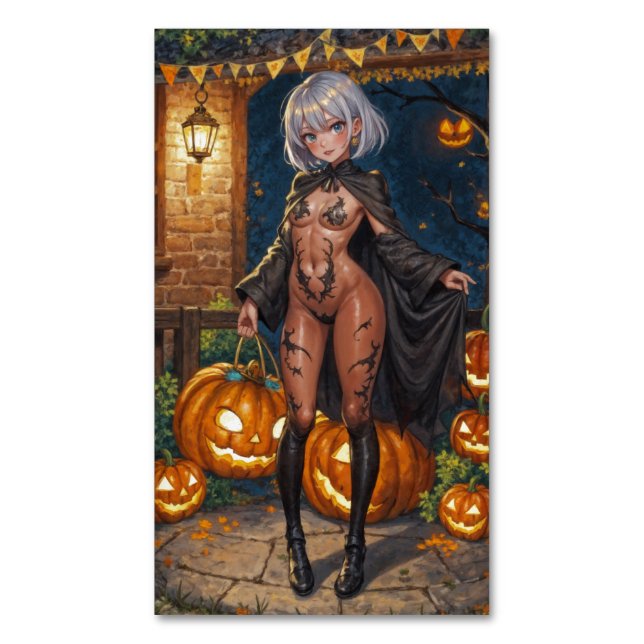 Trick oder Treater, mutiges Halloween-Kostümmädche Magnetische Visitenkarte (Vorderseite Vertikal)