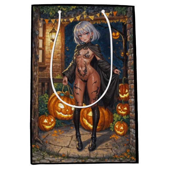 Trick oder Treater, mutiges Halloween-Kostümmädche Mittlere Geschenktüte (Vorderseite)
