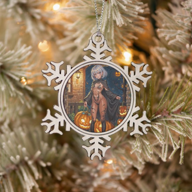 Trick oder Treater, mutiges Halloween-Kostümmädche Schneeflocken Zinn-Ornament (Baum)