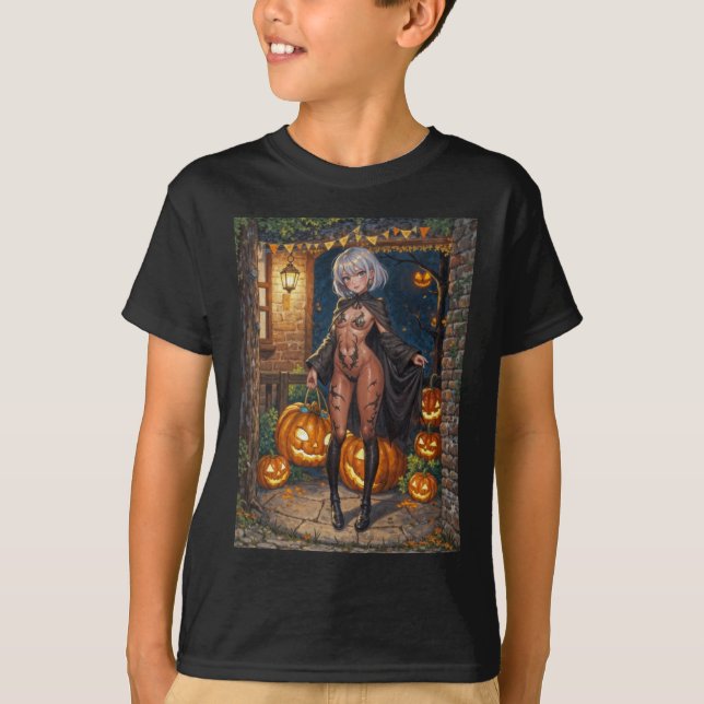 Trick oder Treater, mutiges Halloween-Kostümmädche T-Shirt (Vorderseite)