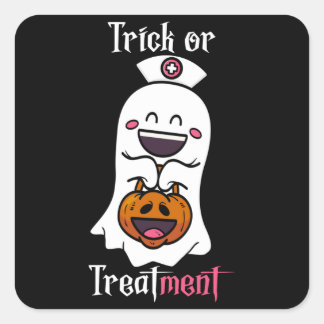 Trick oder Treatment Funny Ghost Nurse Halloween Quadratischer Aufkleber