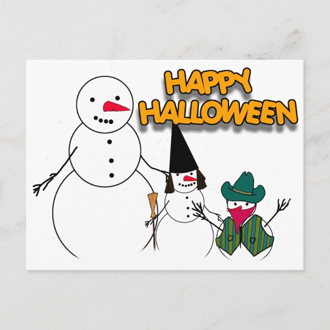 Trick oder Trete von Halloween-Schneemännern Postkarte (Vorderseite)