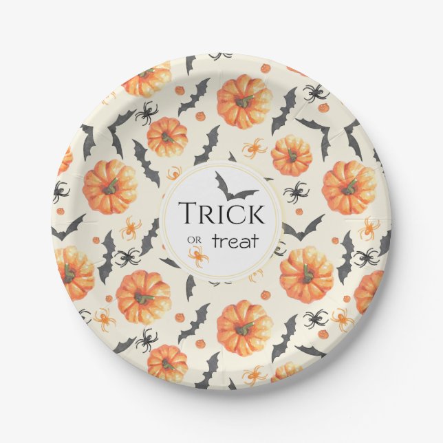 Trick oder Treten Wasserfarben Halloween Muster Pappteller (Vorderseite)