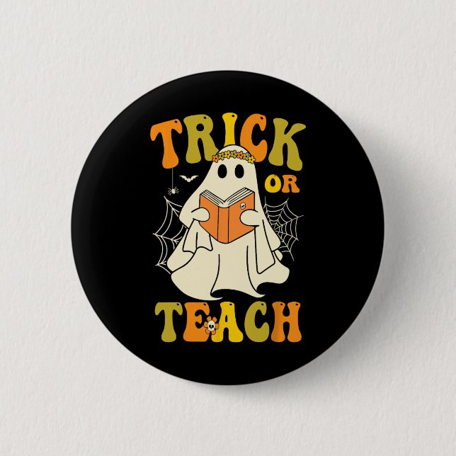 Trick or lehren Groovy Halloween Retro Blumenghost Button (Vorderseite)