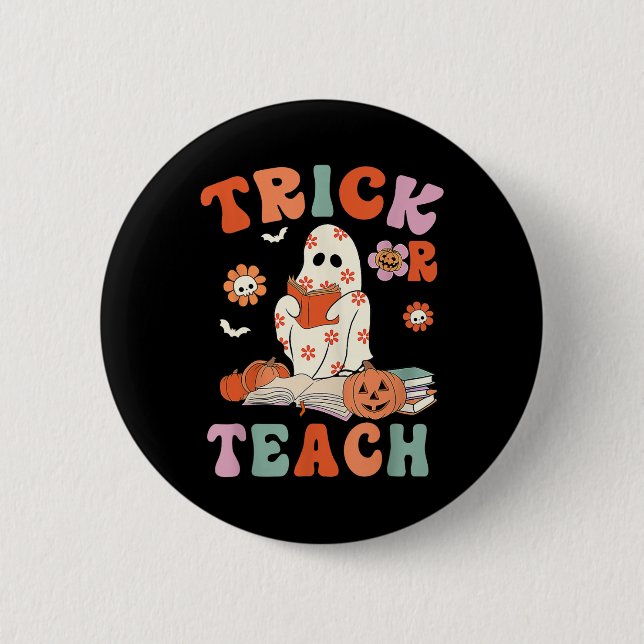 Trick or lehren Retro Groovy Blumenlehrer H Button (Vorderseite)