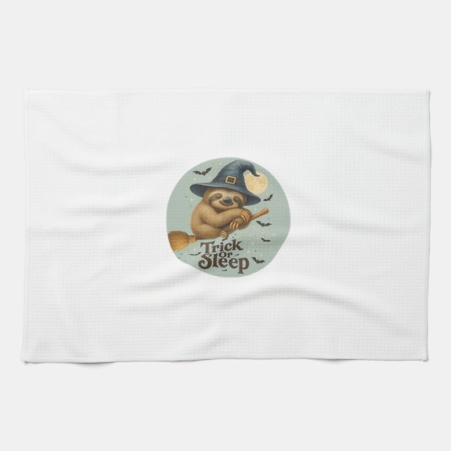 Trick or Sleep � Cute Witch Sloth Halloween Pun Ar Geschirrtuch (Horizontal)
