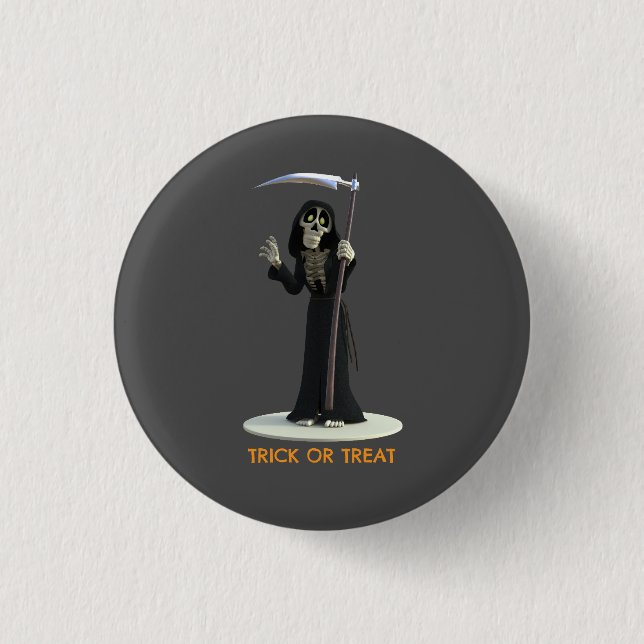 Trick or Treat. Cartoon Grim Reaper Button (Vorderseite)